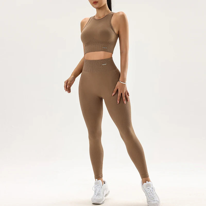 Conjunto de roupas de ioga femininas leggings de cintura alta e exercícios de fitness superiores