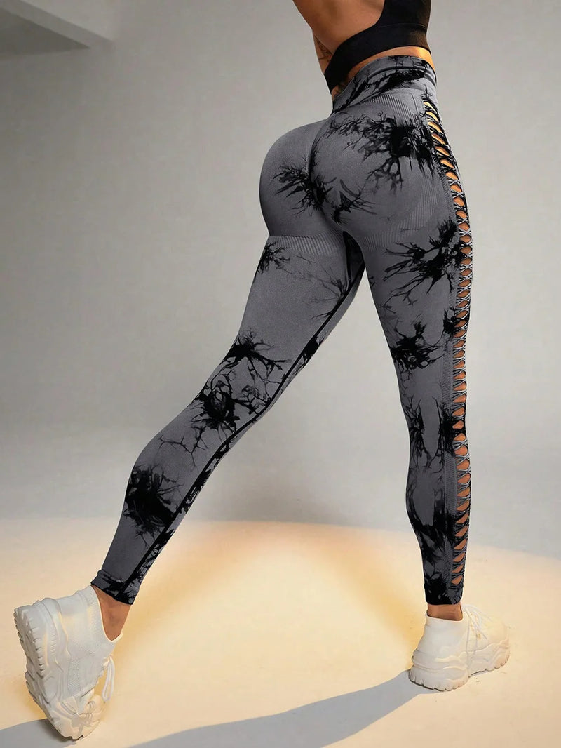 Mulheres Tie Dye Hollow Out Leggings Esportes Yoga Calças Fitness -Ultimas Unidades 🔥