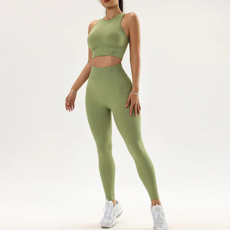 Conjunto de roupas de ioga femininas leggings de cintura alta e exercícios de fitness superiores