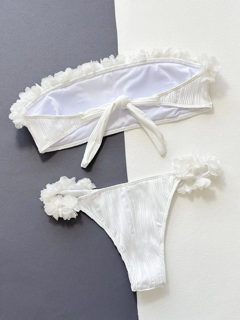 2024 novo branco floral babados maiô feminino sexy fora do ombro bordado conjunto de biquíni push up tanga sem costas banho beachwear