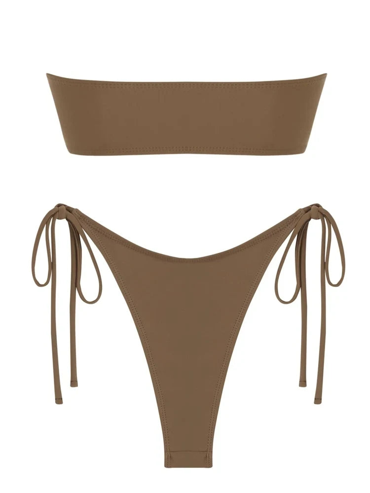 Sólido o anel 2024 novo maiô para as mulheres gravata lado brilhante metal anel de ferragem bandeau bikini banho acolchoado sutiã superior cintura baixa