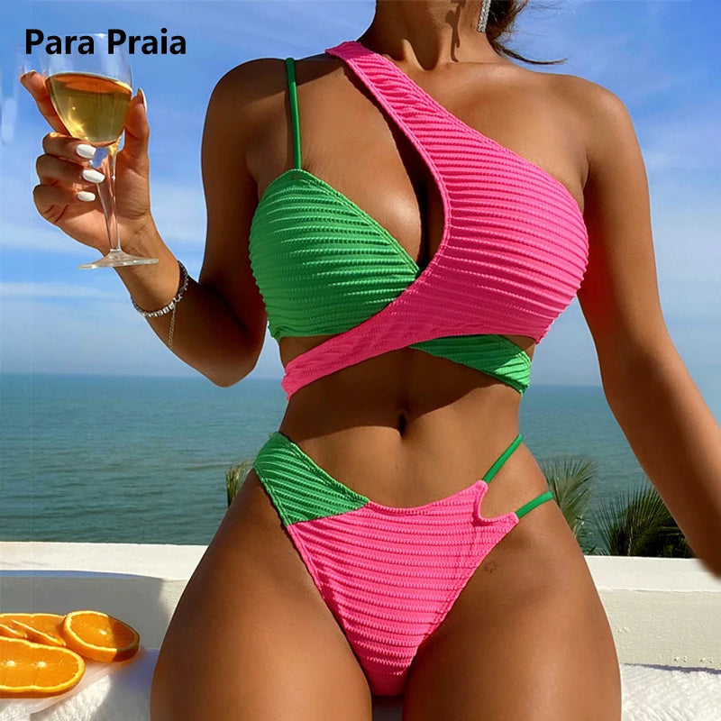 Para praia 2024 assimétrico um ombro conjunto de biquíni feminino retalhos maiô brasileiro feminino banho bandagem