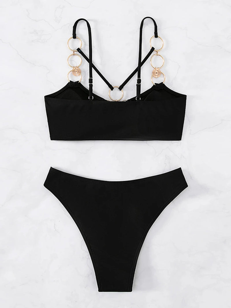 Anel ligado arnês biquinis 2024 preto maiô sólido banho feminino banhistas maiô feminino beachwear verão -Ultimas Unidades 🔥