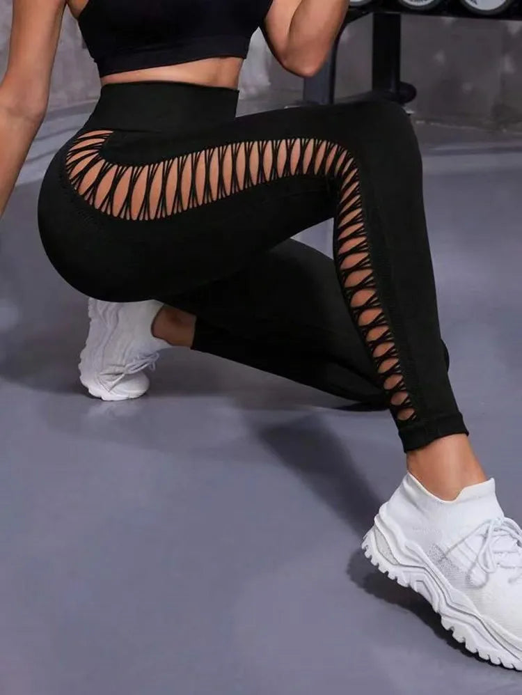 Sexy oco preto sem costura leggings mulheres fitness