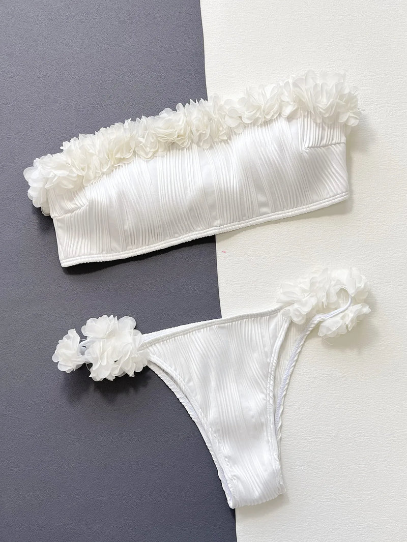 2024 novo branco floral babados maiô feminino sexy fora do ombro bordado conjunto de biquíni push up tanga sem costas banho beachwear