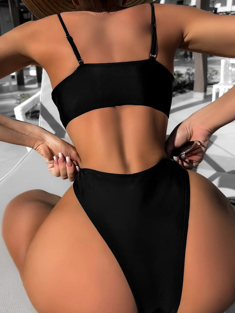 Anel ligado arnês biquinis 2024 preto maiô sólido banho feminino banhistas maiô feminino beachwear verão -Ultimas Unidades 🔥